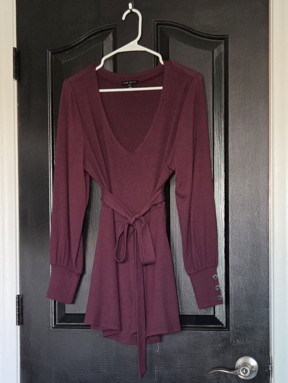 Lane Bryant Burgundy Balloon Sleeve Belted V-Neck Top